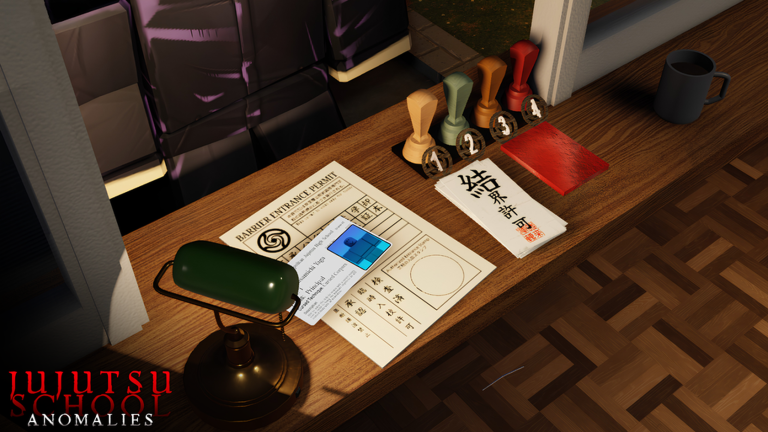 A barrier entrance permit, visitor ID, and inspection stamps arranged on the Jujutsu School checkpoint desk.